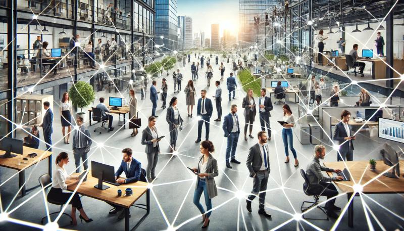 People working in various professional settings, including office environments, outdoor spaces, and industrial settings. The people are connected by white lines forming a network, symbolizing collaboration and connectivity. The background features modern buildings, open spaces, and equipment, reflecting different work environments.